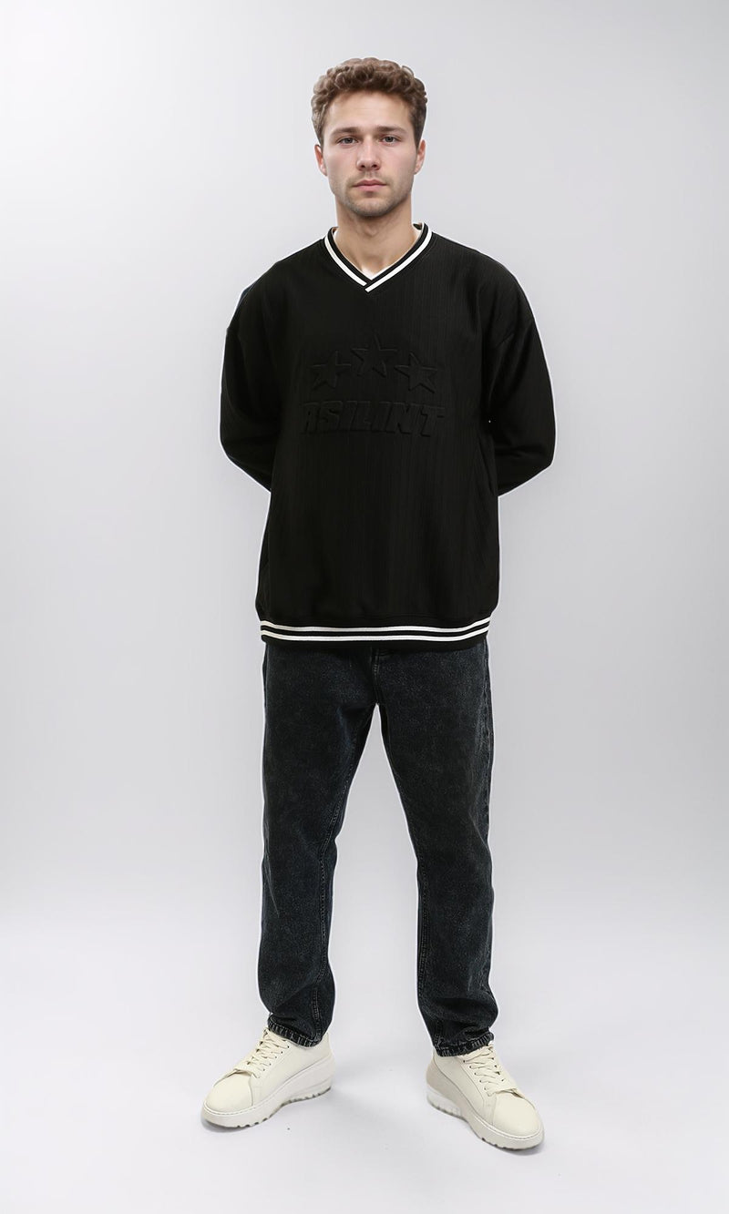 R214677 - V-Neck Sweatshirt with Embossed Pattern - Black