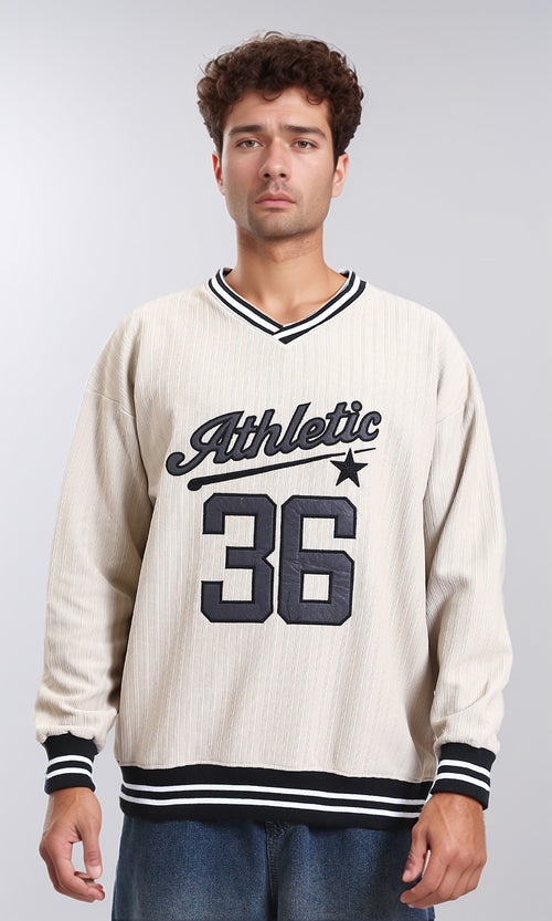 R214678 - "Athletic 36" Embroidered V-Neck Sweatshirt - Beige