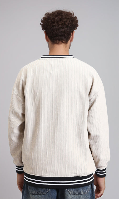 R214678 - "Athletic 36" Embroidered V-Neck Sweatshirt - Beige