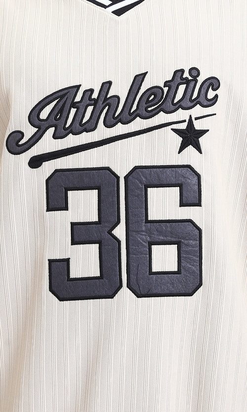 R214678 - "Athletic 36" Embroidered V-Neck Sweatshirt - Beige