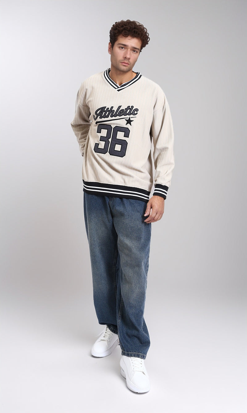 R214678 - "Athletic 36" Embroidered V-Neck Sweatshirt - Beige