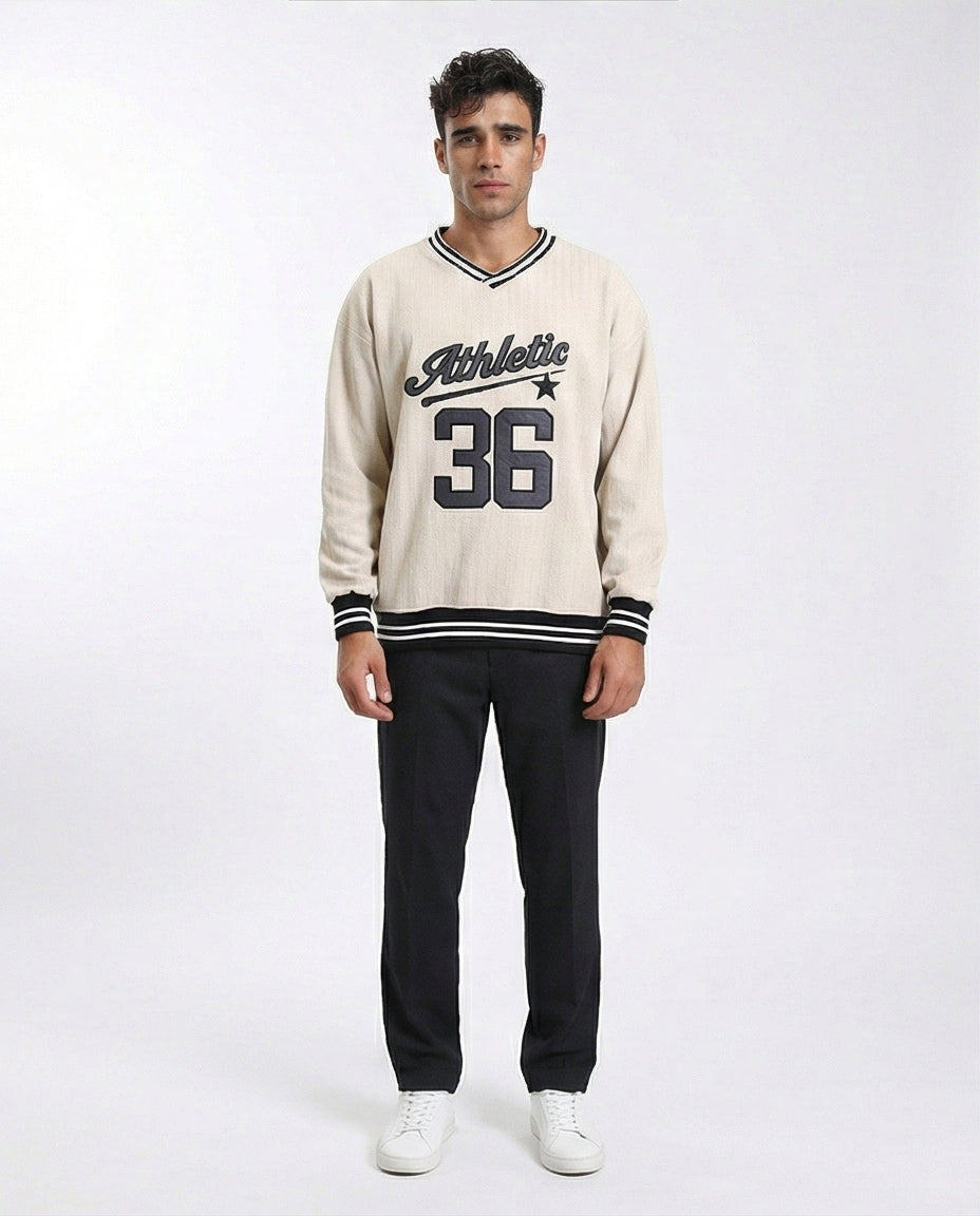 R214678 - "Athletic 36" Embroidered V-Neck Sweatshirt - Beige