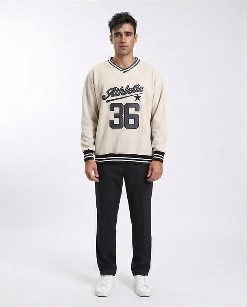 R214678 - "Athletic 36" Embroidered V-Neck Sweatshirt - Beige
