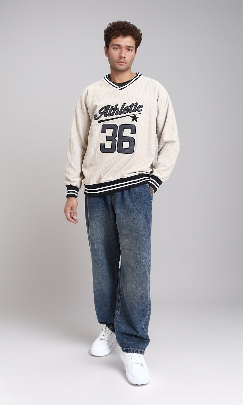 R214678 - "Athletic 36" Embroidered V-Neck Sweatshirt - Beige