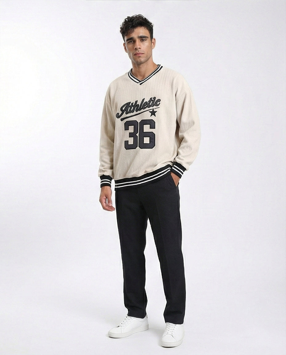 R214678 - "Athletic 36" Embroidered V-Neck Sweatshirt - Beige