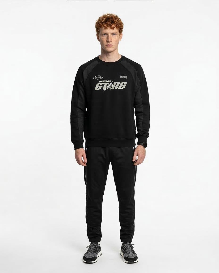 Ravin Men's FW25 Raglan Crew-Neck Melton Sweatshirt – Black "Upward Stars" Graphic - R214781
