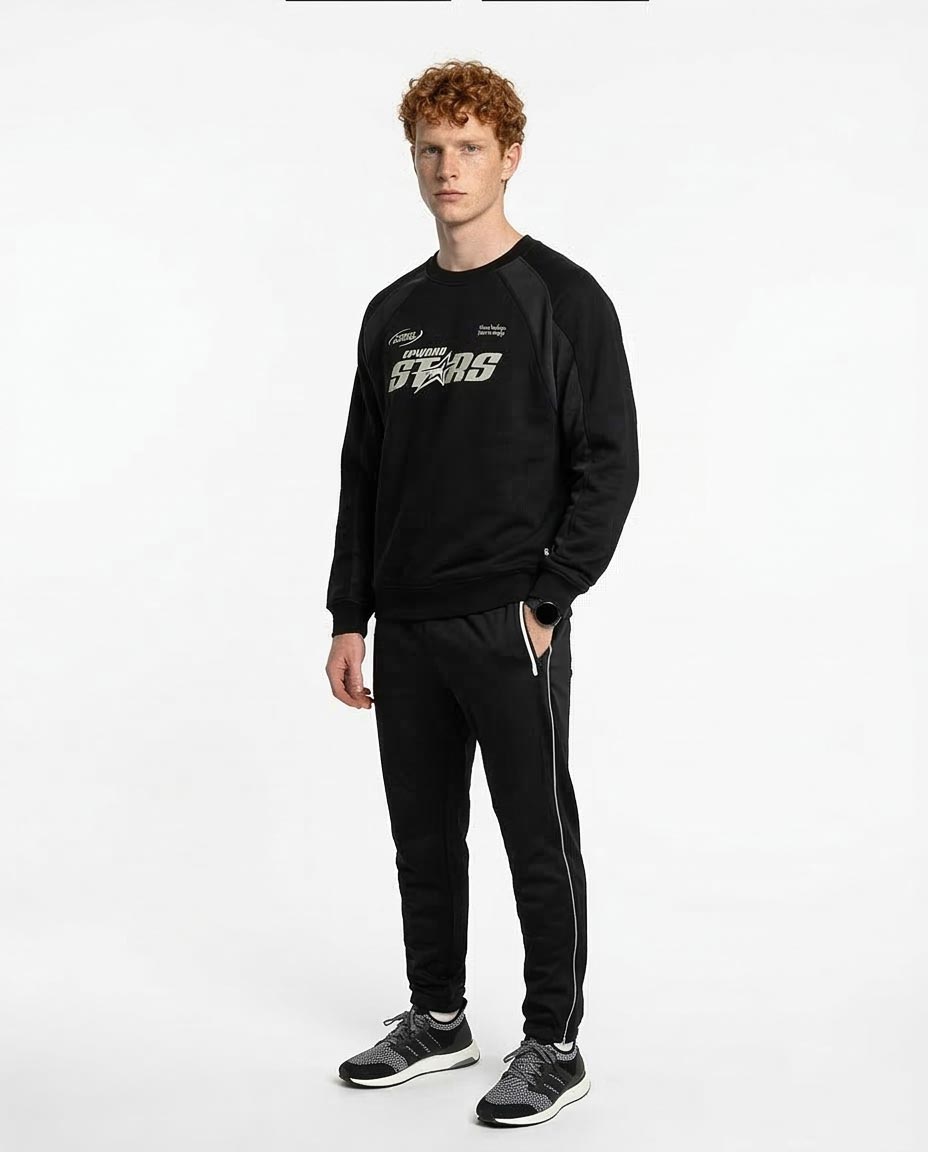 Ravin Men's FW25 Raglan Crew-Neck Melton Sweatshirt – Black "Upward Stars" Graphic - R214781