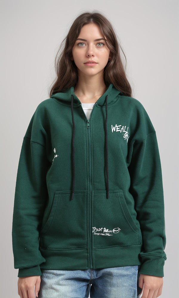 R214782 - Drawstring Hoodie with Front & Back Print - Dark Green
