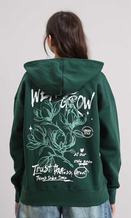 R214782 - Drawstring Hoodie with Front & Back Print - Dark Green