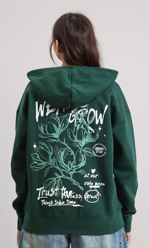 R214782 - Drawstring Hoodie with Front & Back Print - Dark Green