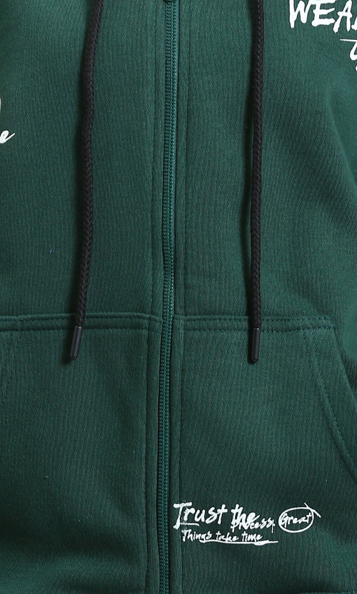 R214782 - Drawstring Hoodie with Front & Back Print - Dark Green