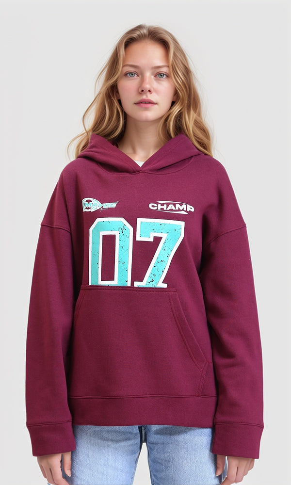 R214783 - Printed Casual Hoodie with Kangaroo Pocket - Ruby Red