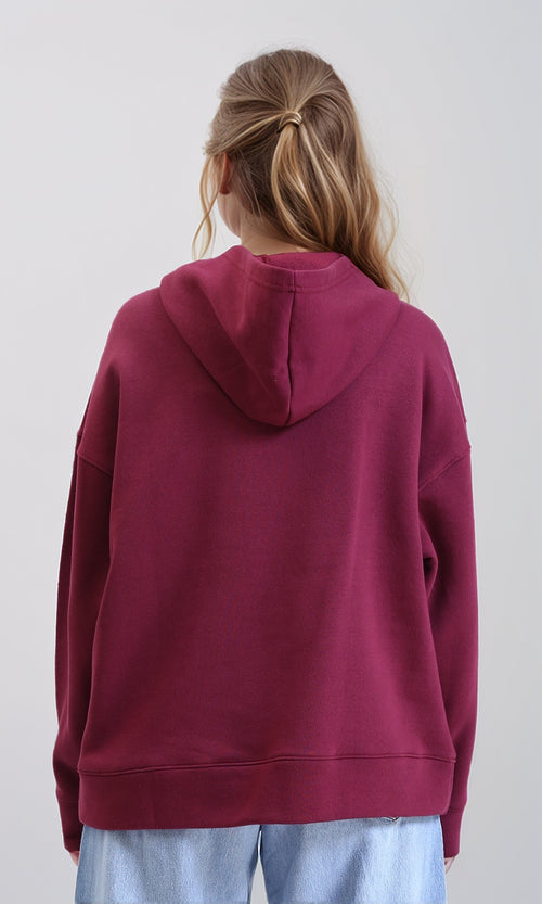 R214783 - Printed Casual Hoodie with Kangaroo Pocket - Ruby Red