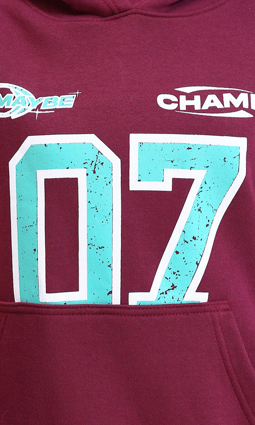 R214783 - Printed Casual Hoodie with Kangaroo Pocket - Ruby Red