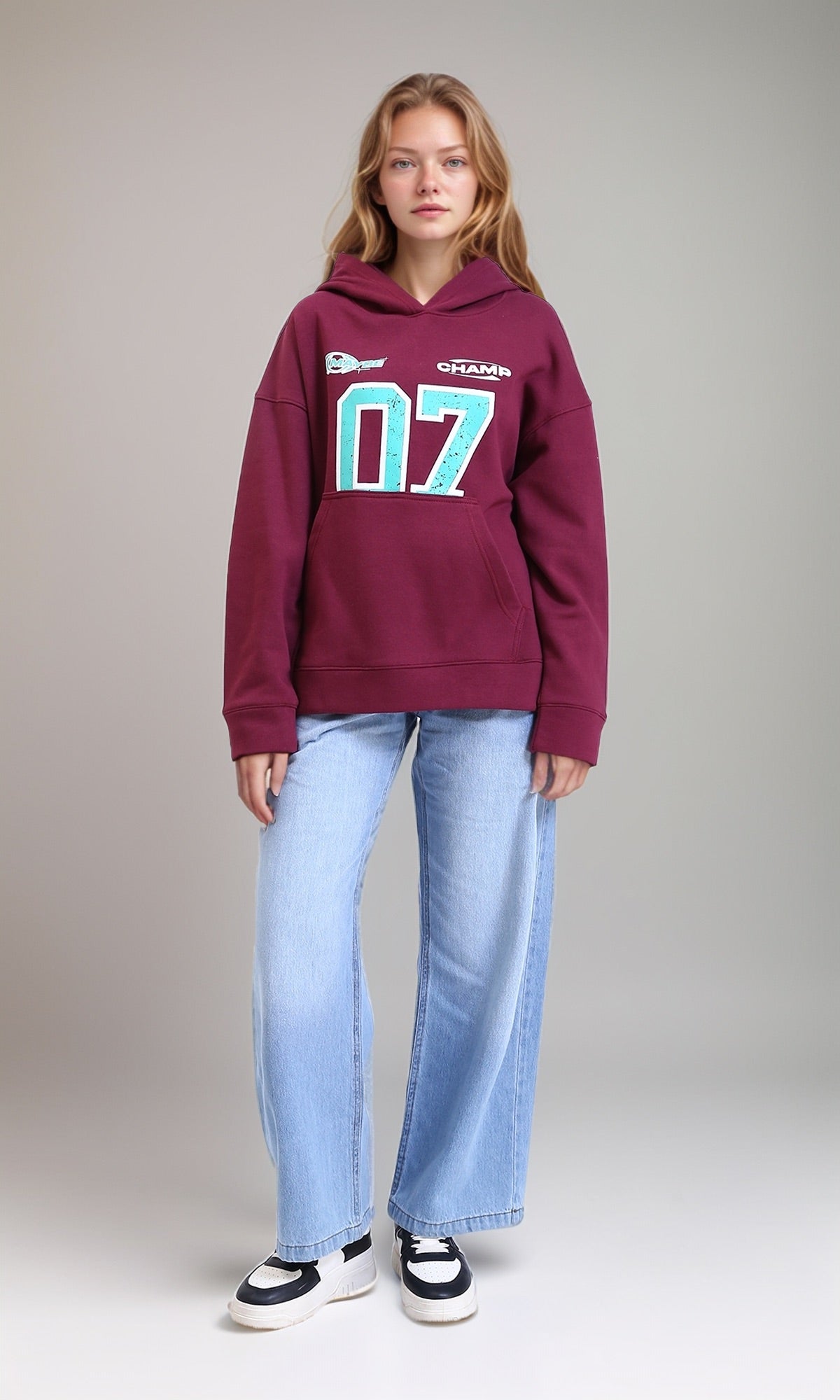 R214783 - Printed Casual Hoodie with Kangaroo Pocket - Ruby Red