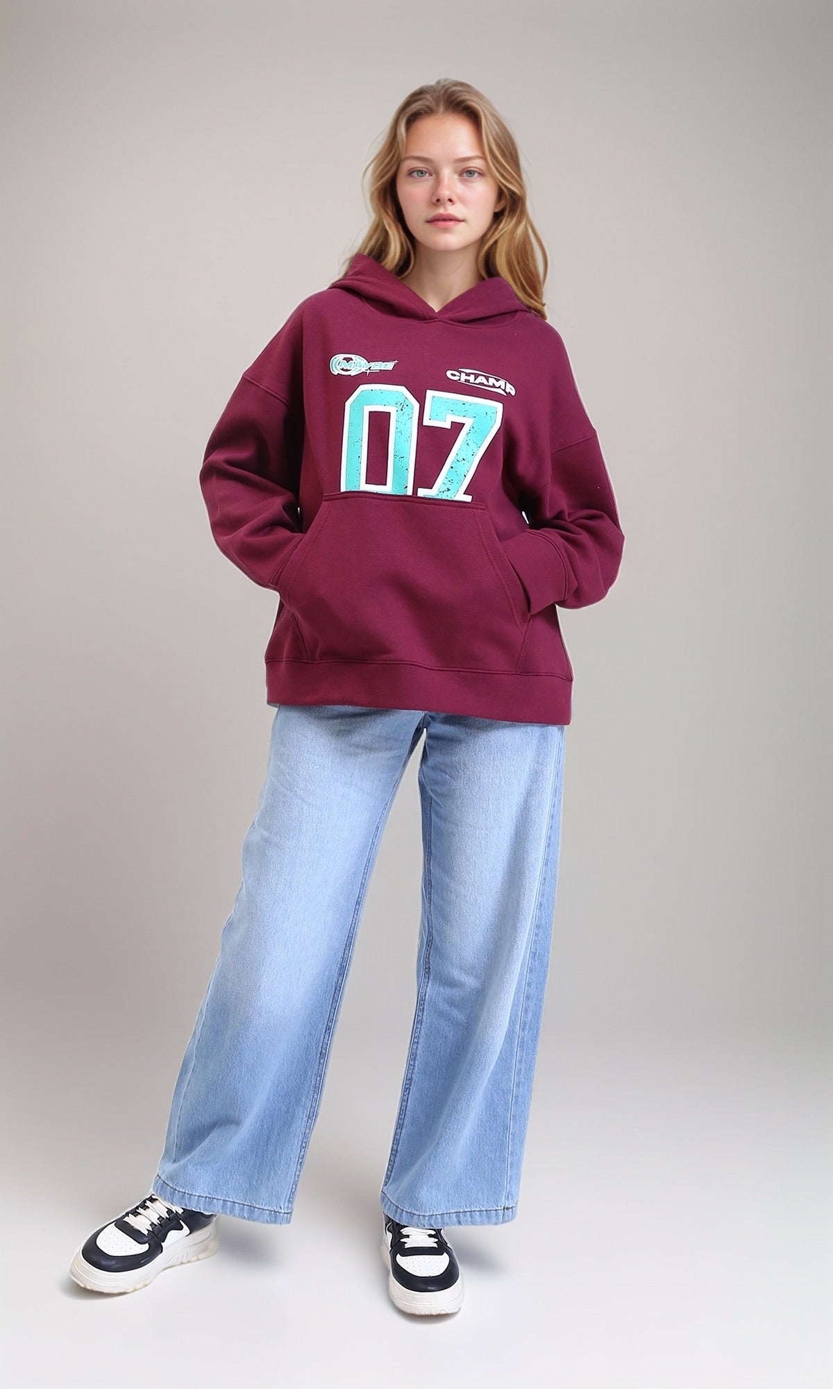 R214783 - Printed Casual Hoodie with Kangaroo Pocket - Ruby Red