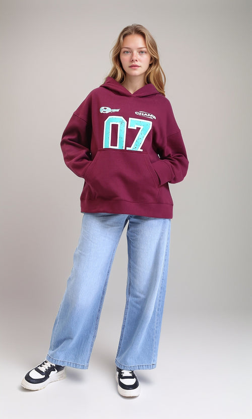R214783 - Printed Casual Hoodie with Kangaroo Pocket - Ruby Red
