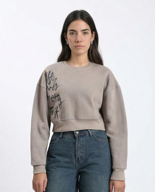 Ravin Women's Graffiti Print Boxy Cropped Sweatshirt - Mushroom Grey