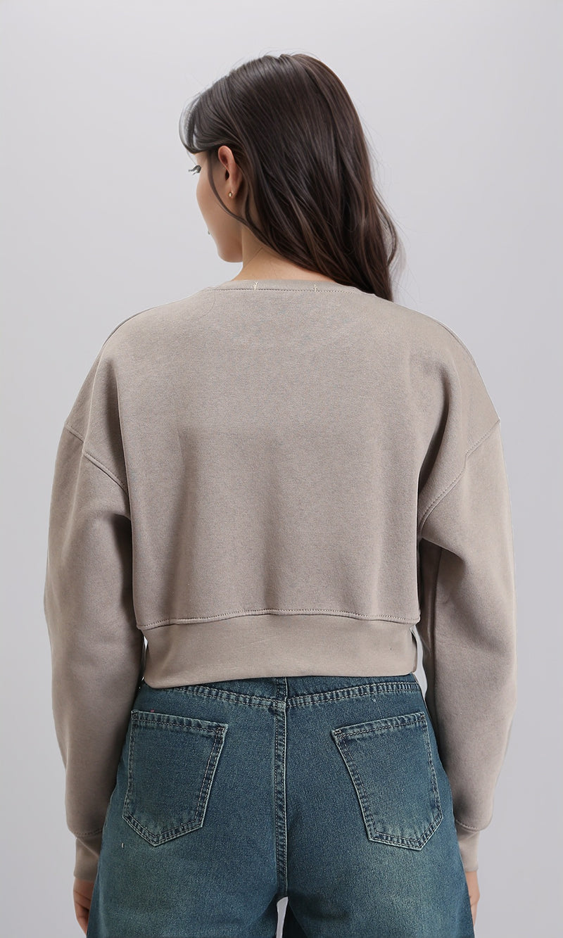 R214784 - Printed Slip On Short Sweatshirt - Taupe