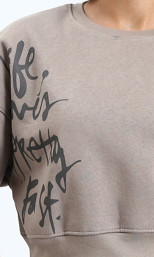 R214784 - Printed Slip On Short Sweatshirt - Taupe