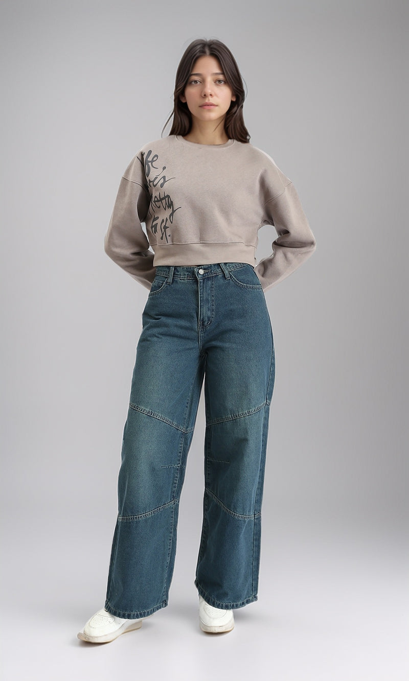 R214784 - Printed Slip On Short Sweatshirt - Taupe