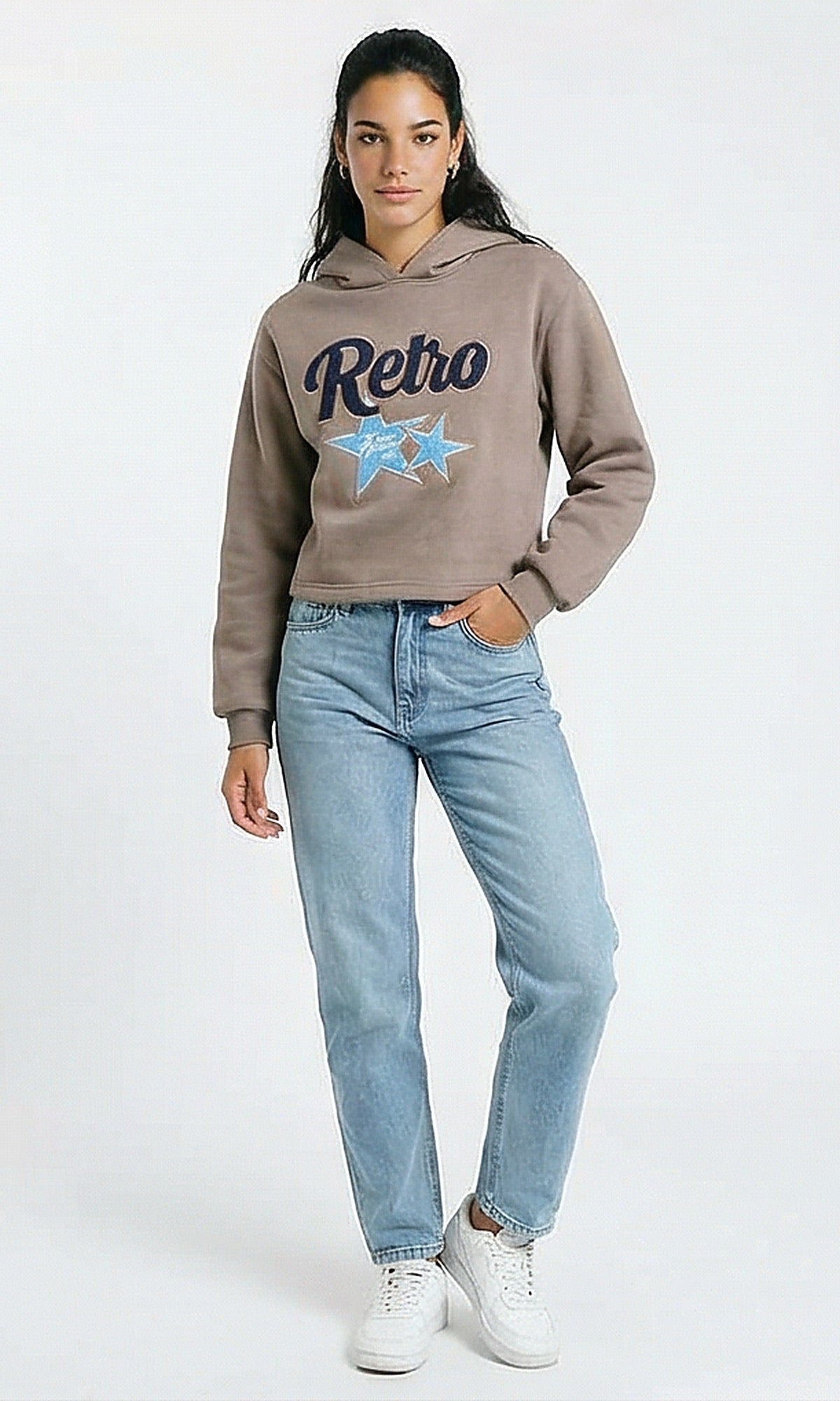 R214785 - Stitched "Retro" Slip On Hoodie - Taupe