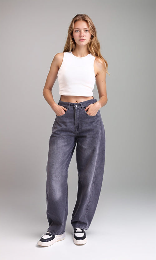 R214790 - Wide-Leg Jeans with Front Wash - Dark Grey