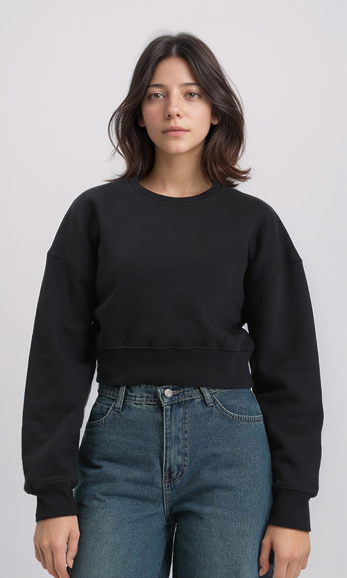 R214798 - Long Sleeves Solid Short Sweatshirt - Black