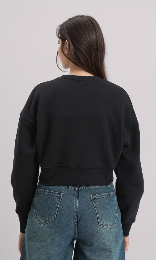 R214798 - Long Sleeves Solid Short Sweatshirt - Black