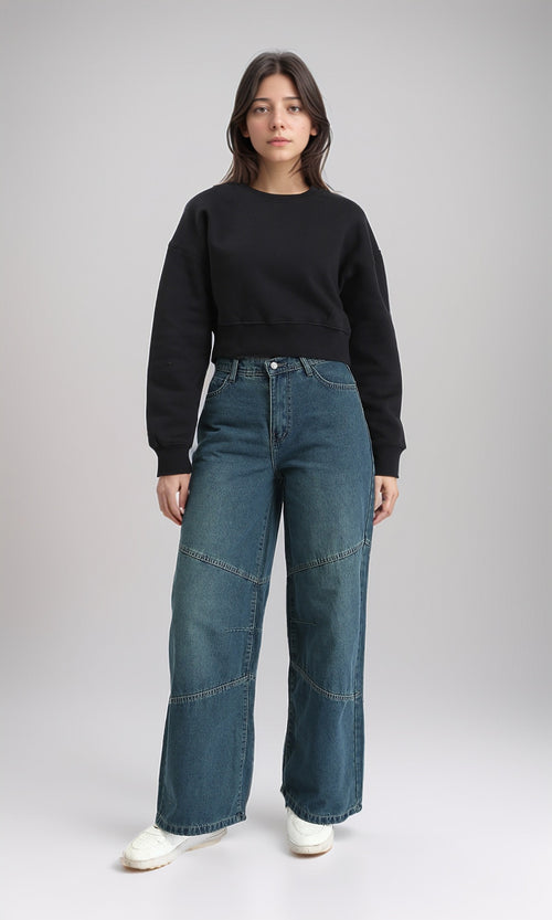 R214798 - Long Sleeves Solid Short Sweatshirt - Black