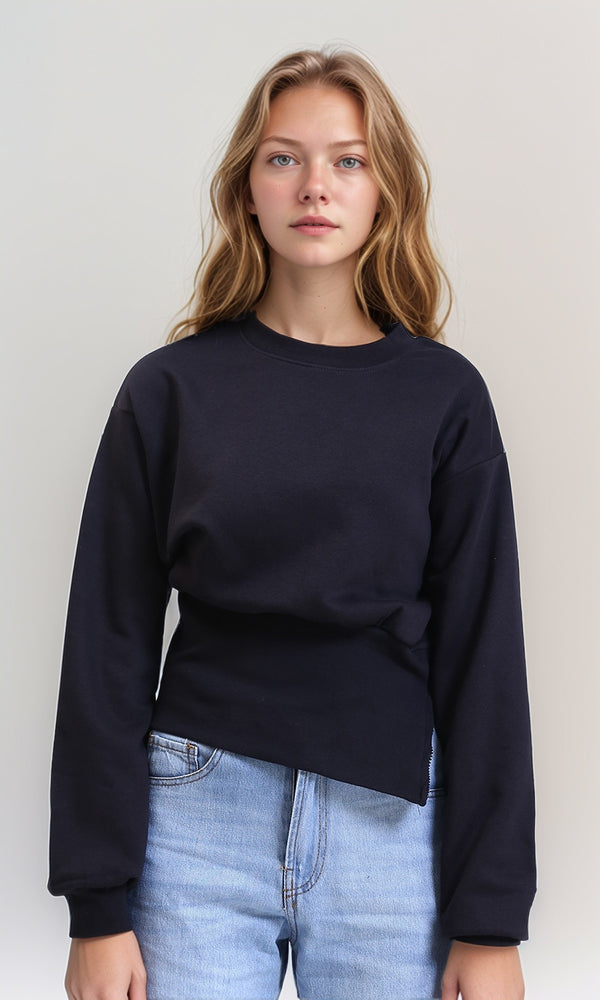 R214799 - Solid Long Sleeves Asymmetric Sweatshirt - Black