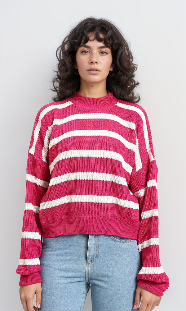 R214800 - Mock Neck Striped Knit Pullover - Fuchsia & White