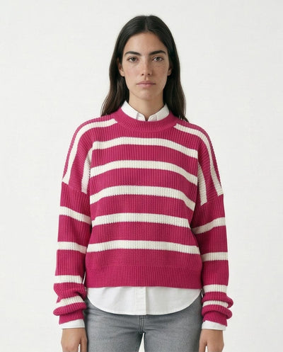 Women's Relaxed Fit Striped Crew-Neck Knit Sweater - Magenta/white