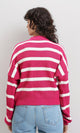 R214800 - Mock Neck Striped Knit Pullover - Fuchsia & White