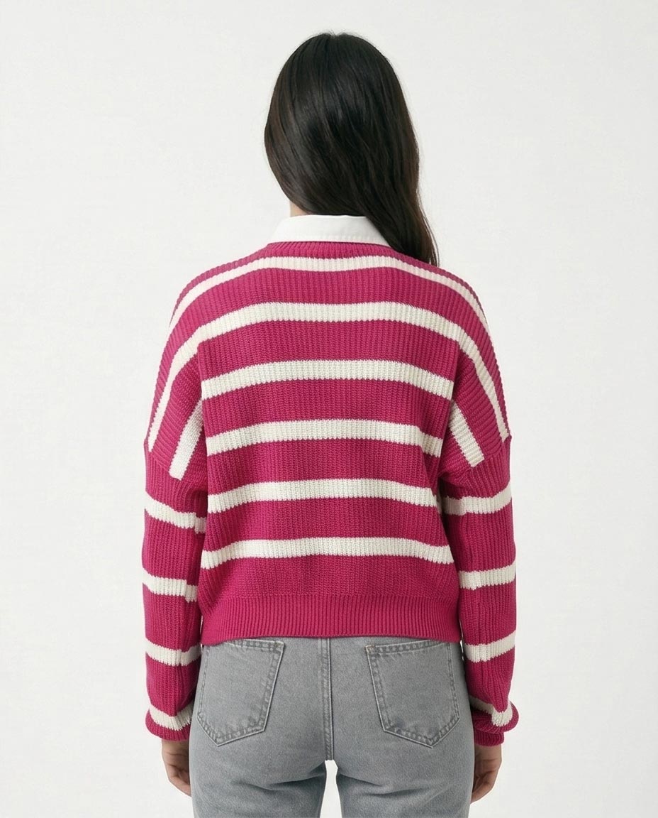 Ravin Women's Relaxed Fit Striped Crew-Neck Knit Sweater - Magenta/White - R214800