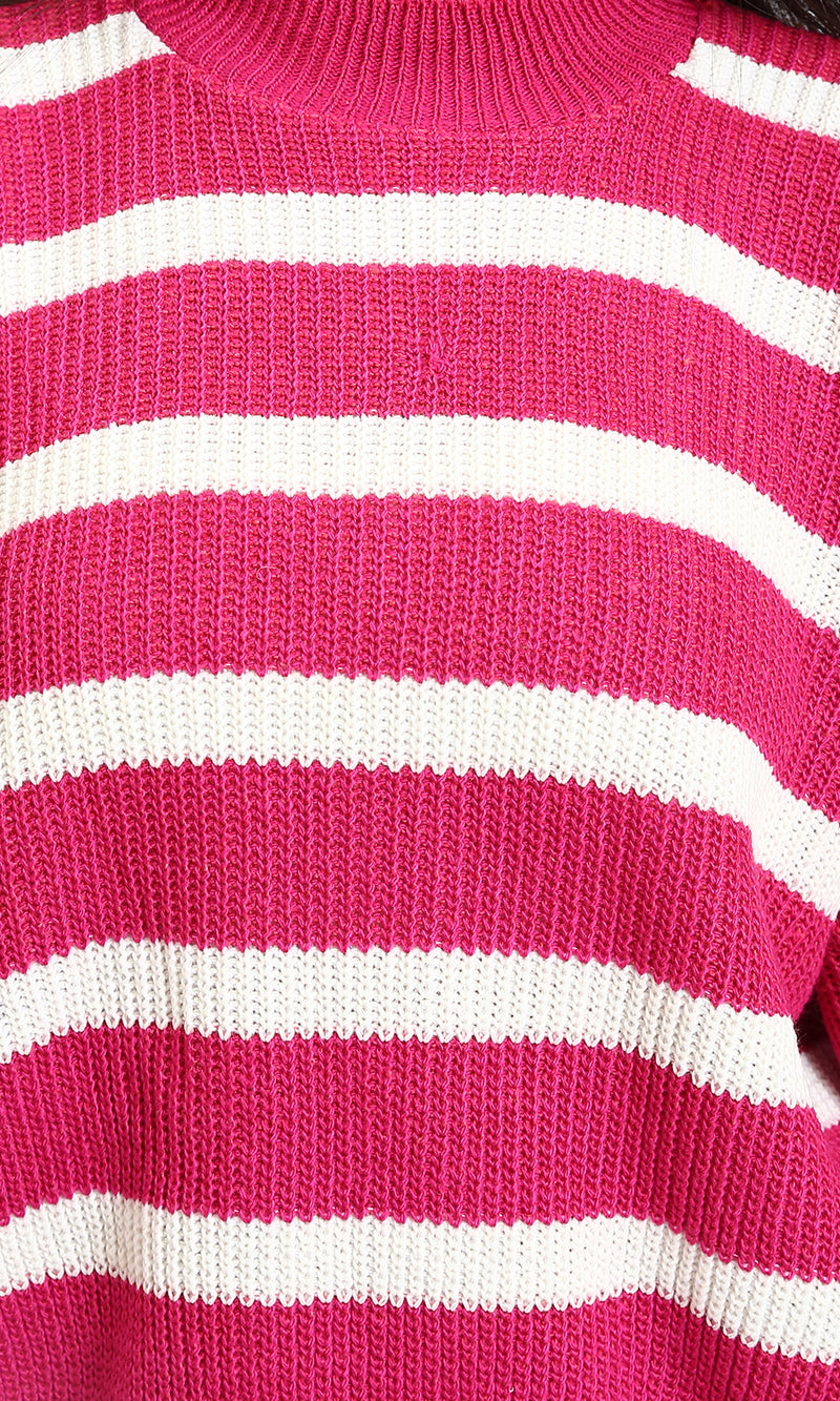 R214800 - Mock Neck Striped Knit Pullover - Fuchsia & White