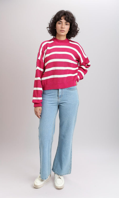 R214800 - Mock Neck Striped Knit Pullover - Fuchsia & White