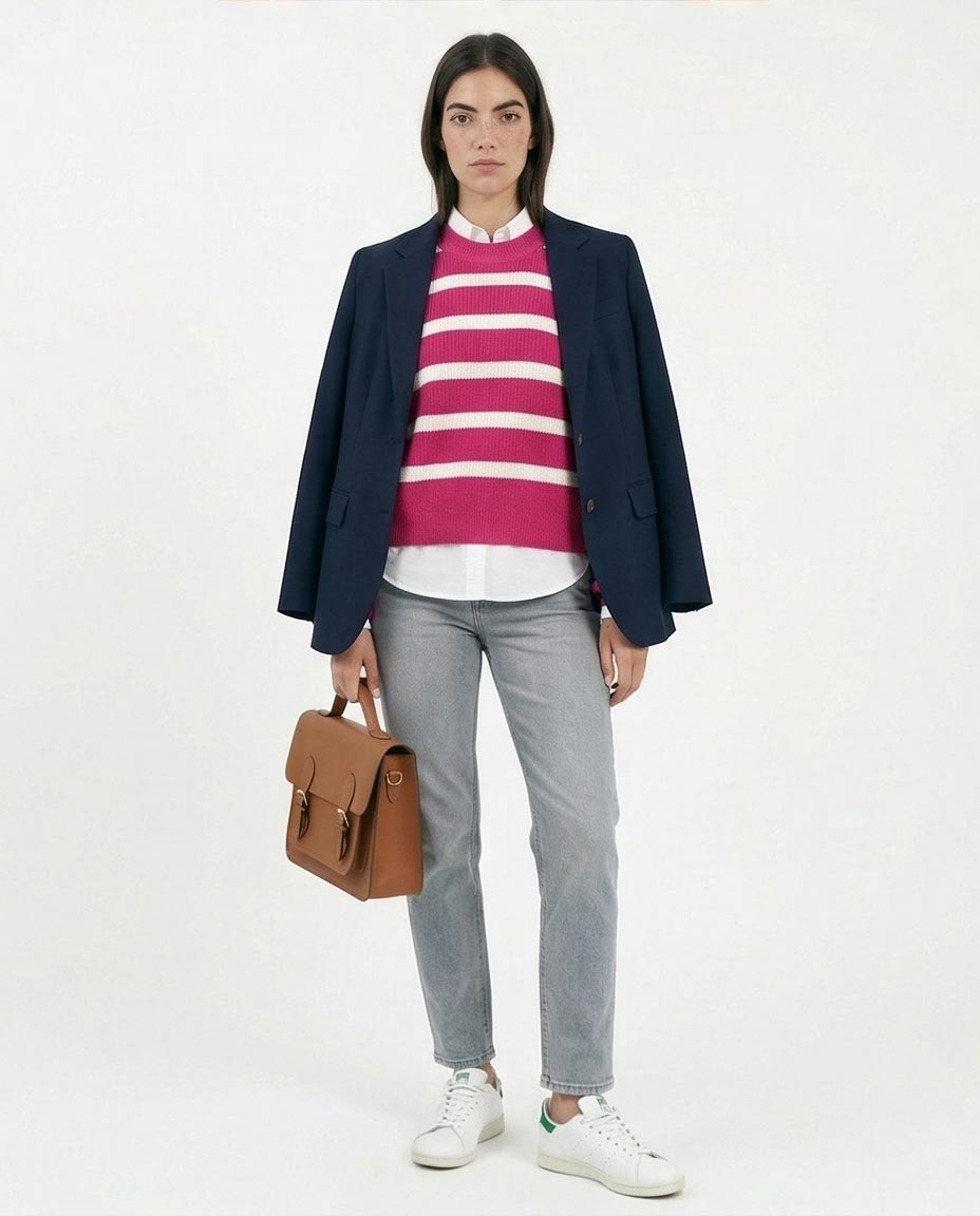 Ravin Women's Relaxed Fit Striped Crew-Neck Knit Sweater - Magenta/White - R214800