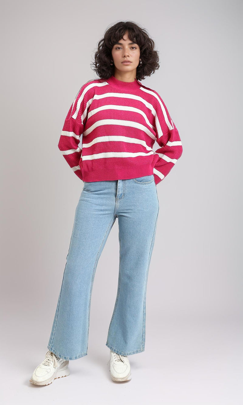 R214800 - Mock Neck Striped Knit Pullover - Fuchsia & White