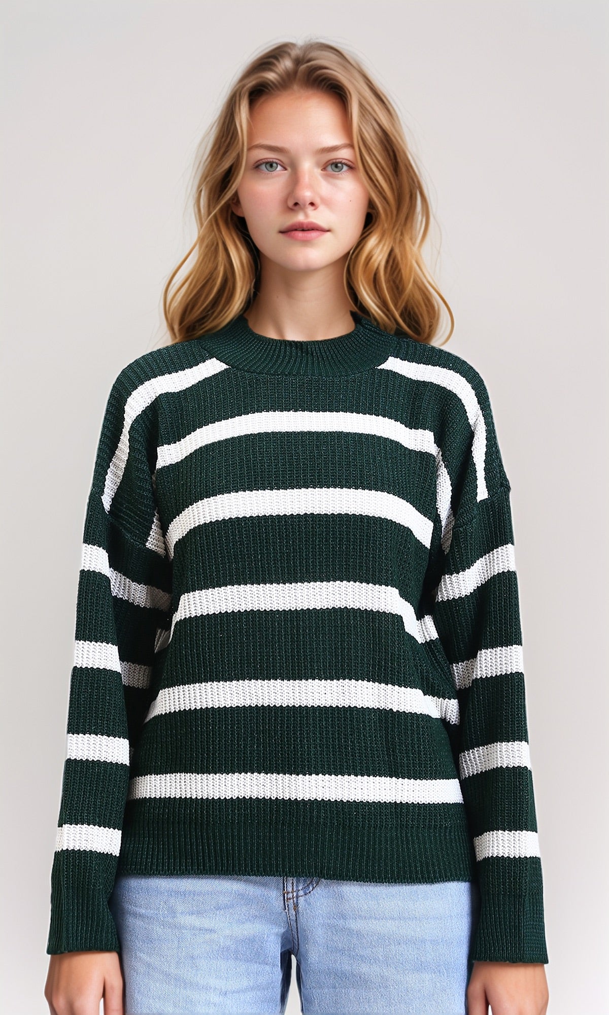 Bi-Tone Striped Casual Pullover - Dark Green & White