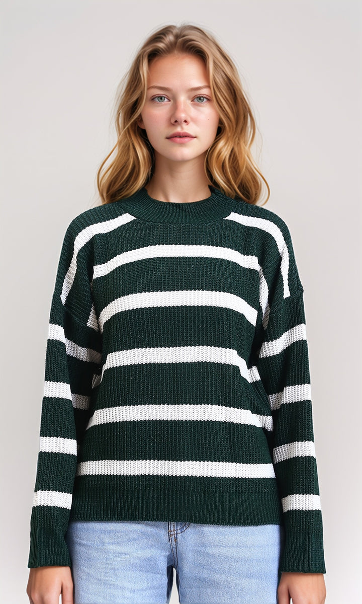 Bi-Tone Striped Casual Pullover - Dark Green & White