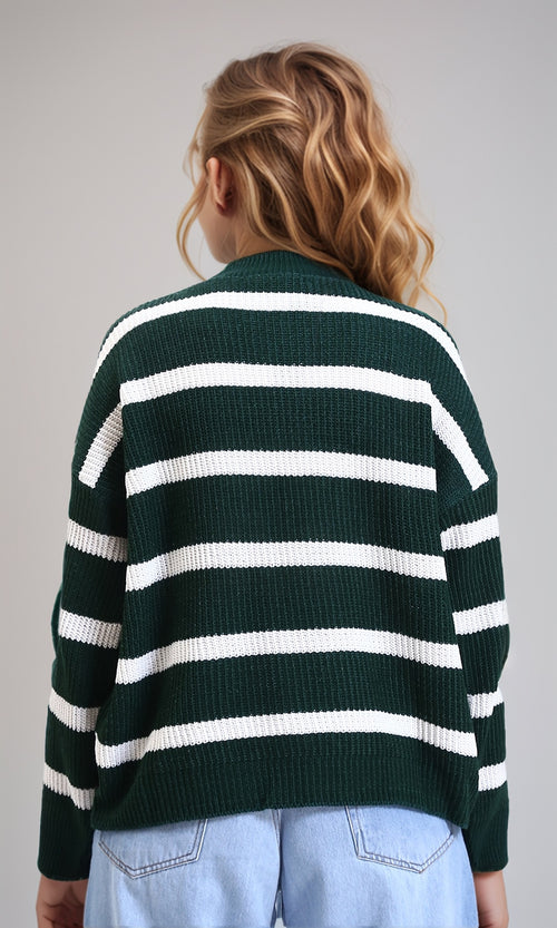 R214801 - Bi-Tone Striped Casual Pullover - Dark Green & White