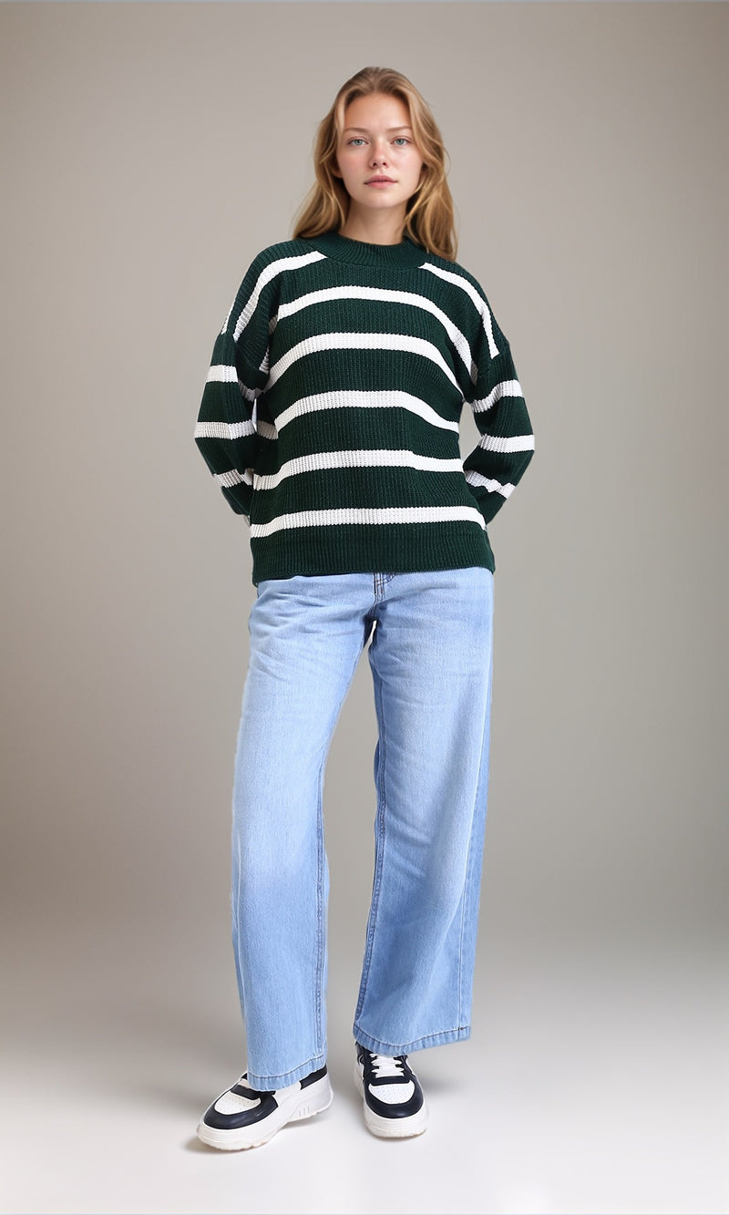 R214801 - Bi-Tone Striped Casual Pullover - Dark Green & White