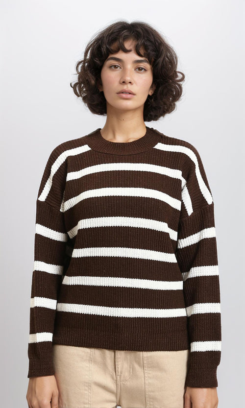 R214802 - Mock Neck Striped Knit Pullover - Brown & White