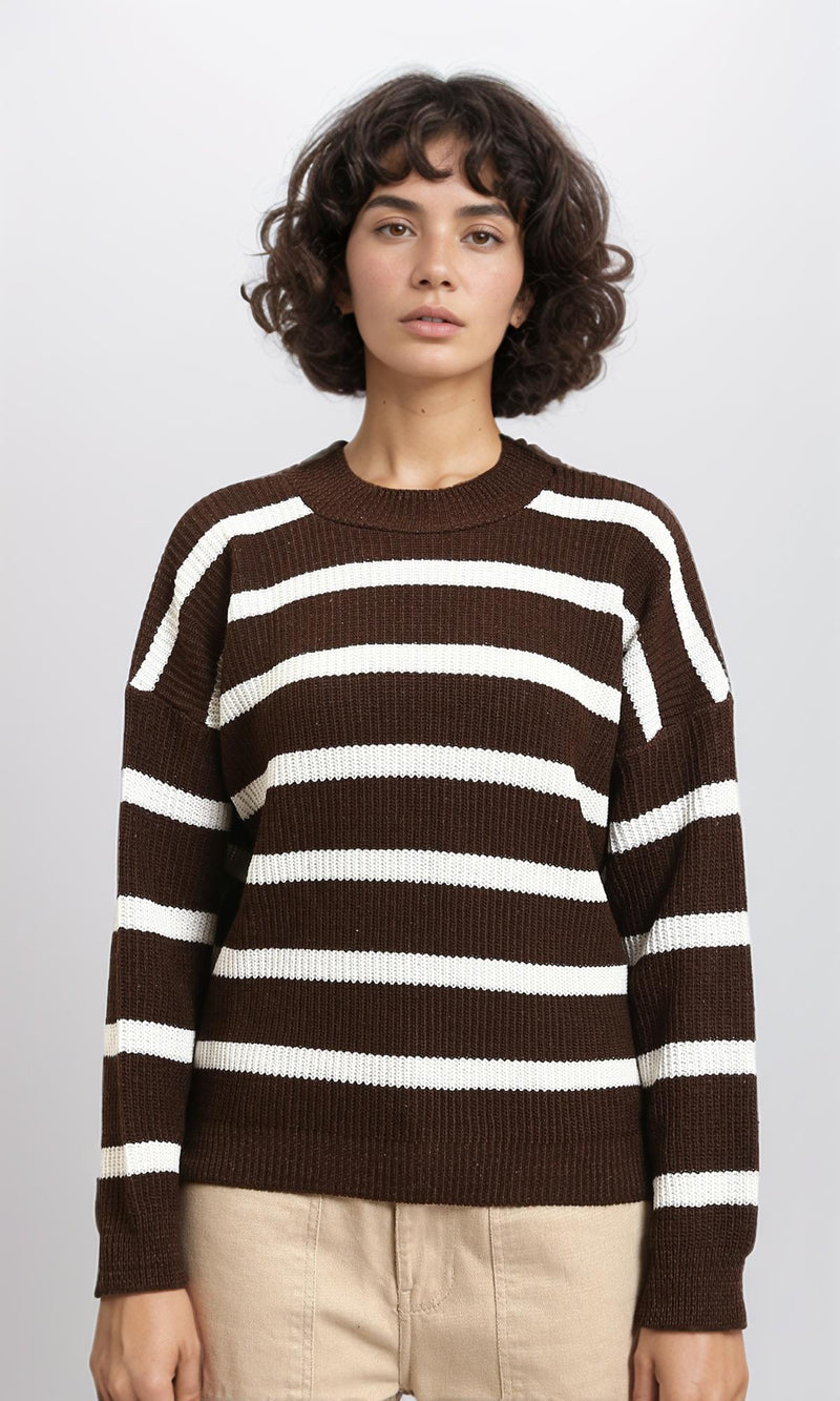 R214802 - Mock Neck Striped Knit Pullover - Brown & White