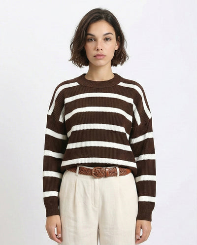 Mock Neck Striped Knit Pullover - Brown & White