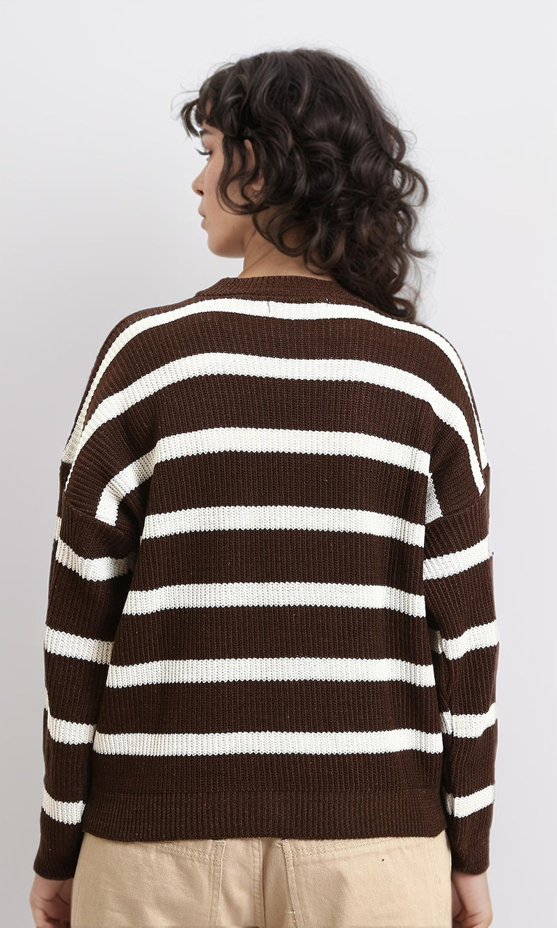 R214802 - Mock Neck Striped Knit Pullover - Brown & White