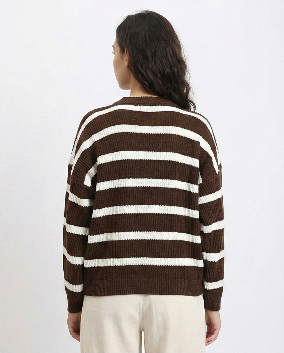 R214802 - Mock Neck Striped Knit Pullover - Brown & White