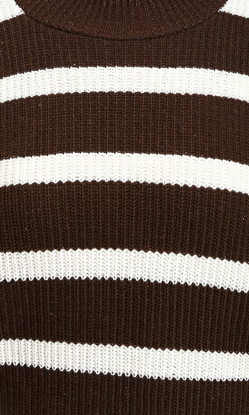 R214802 - Mock Neck Striped Knit Pullover - Brown & White