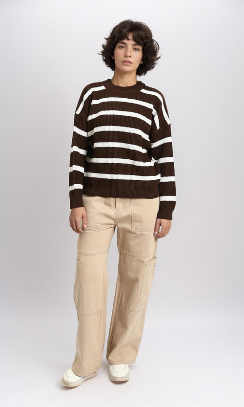 R214802 - Mock Neck Striped Knit Pullover - Brown & White